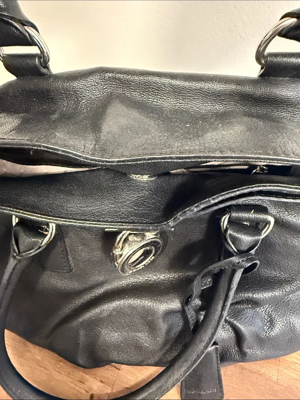 Michael Kors Black Leather Shoulder Tote with Silver Chain Accent